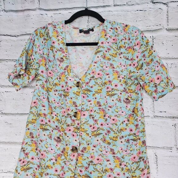 Something Navy Floral Woven Button Up Blouse Womens Medium teal chalk ditsy - Picture 1 of 7